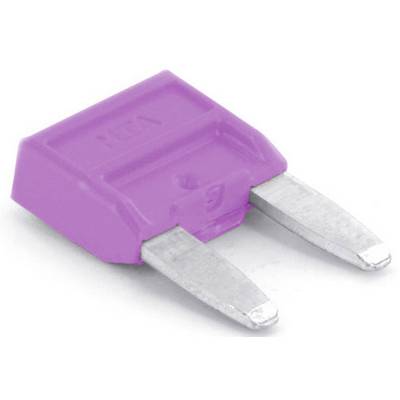 Lila automotive fuse with two metal contacts, rectangular plastic body. Used for electrical protection in vehicles.