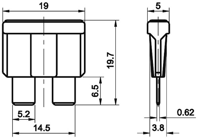 Technical drawing of a component with dimensions in millimetres: width 19, height 19.7, depth 5.2, pins 14.5 apart, 0.62 diameter.