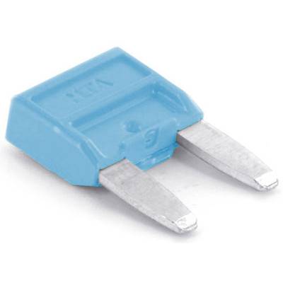 Blue automotive fuse with two metal contacts, used to protect electrical devices from overcurrent.