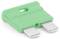Green flat blade fuse with two metal contacts, commonly used in vehicles for over-current protection.