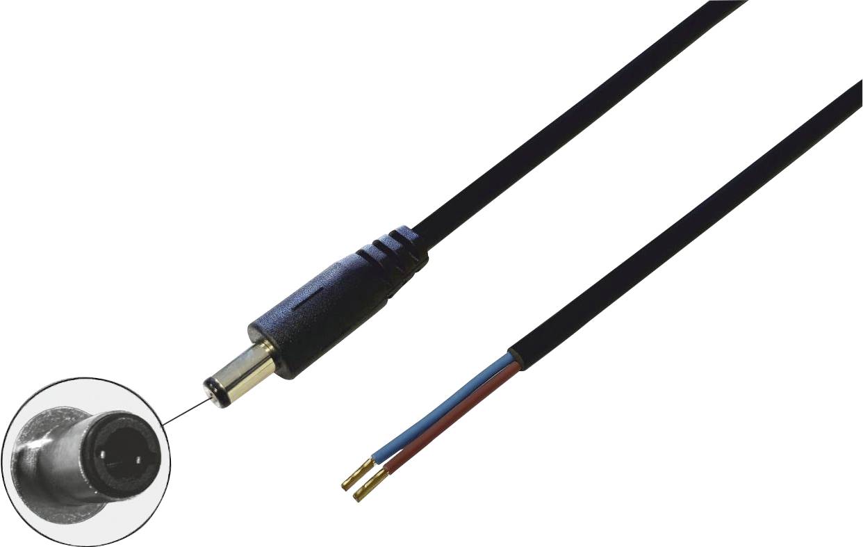 Close-up of a black power cable with a round plug and two exposed wire ends in red and blue, ready for wiring.