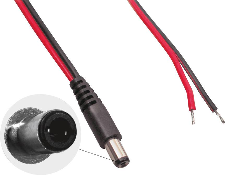 Power cable with DC plug, two split terminals, red and black, for electronic connections.