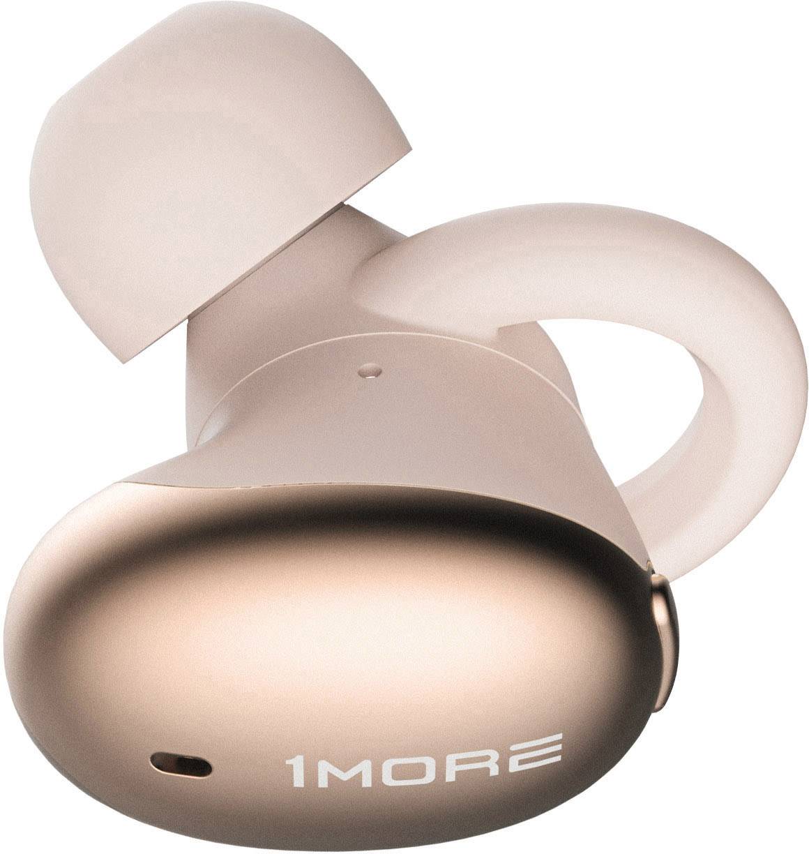 Wireless in-ear headphones in rose gold with the '1MORE' branding.