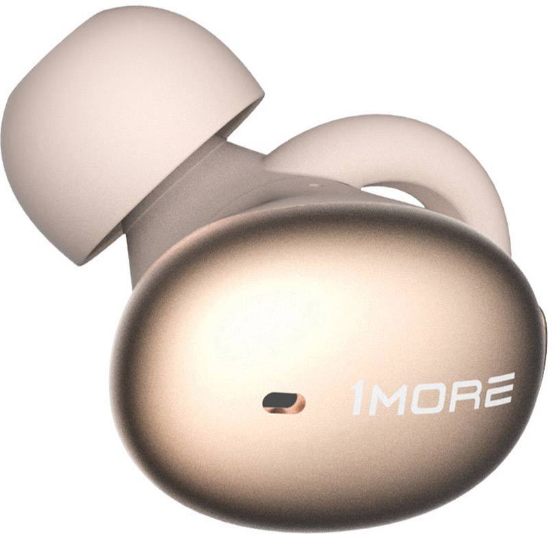Wireless earphone in metallic rose gold, with the brand name '1MORE' on the surface.