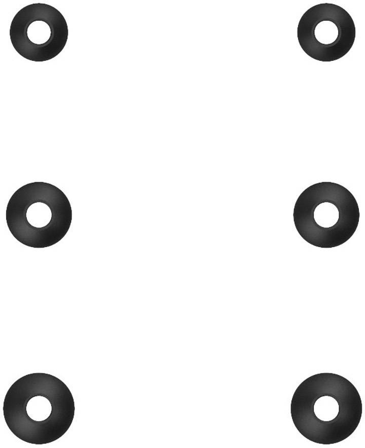 Six black rings are arranged in two vertical rows, with three rings stacked in each row, evenly spaced between them.