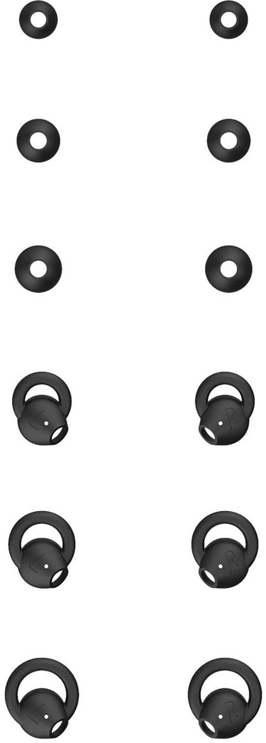 Six pairs of black earplugs in various sizes, arranged symmetrically from small at the top to large at the bottom.