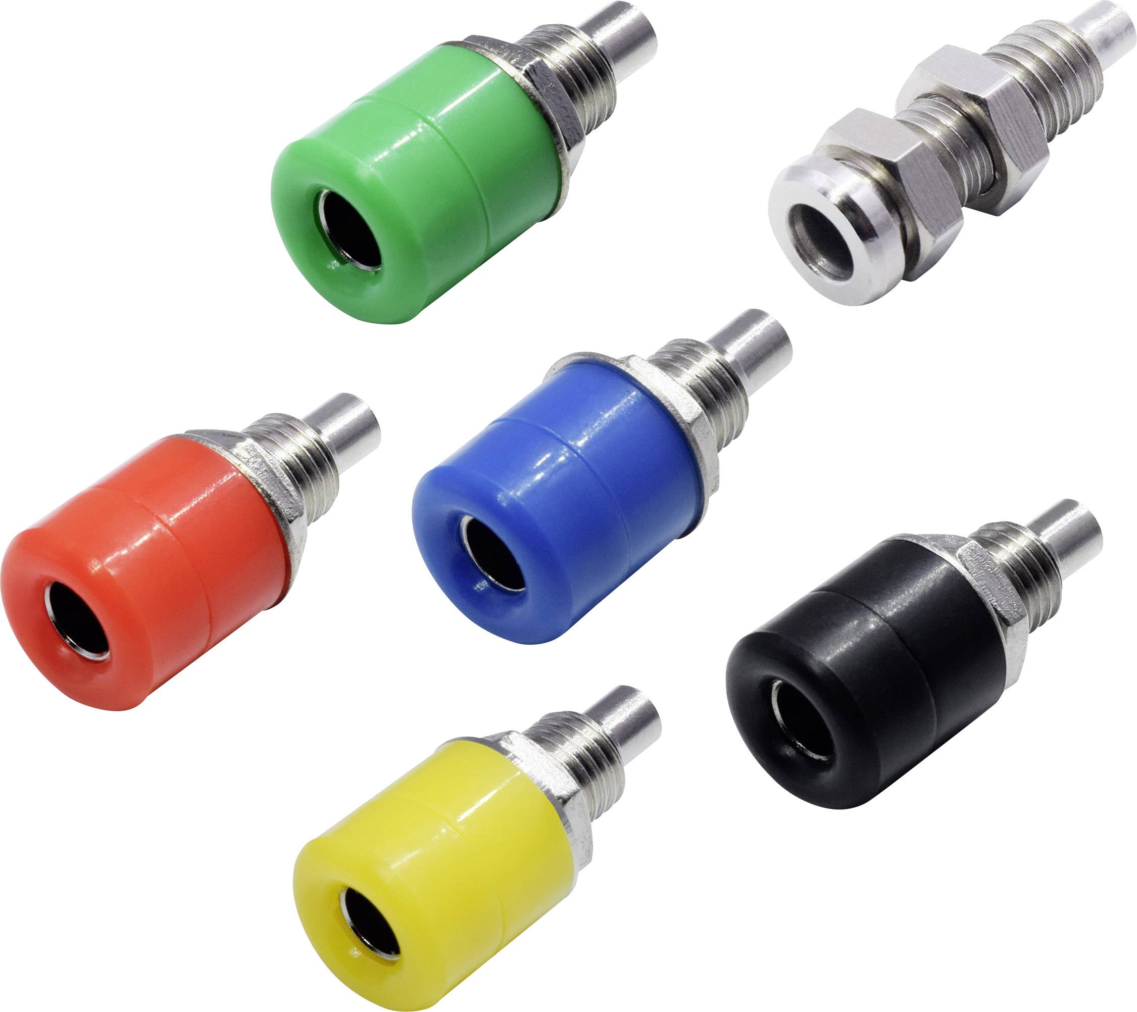 Six pneumatic push-in connectors in various colours (Green, Red, Blue, Yellow, Black) demonstrate variations for different hoses.