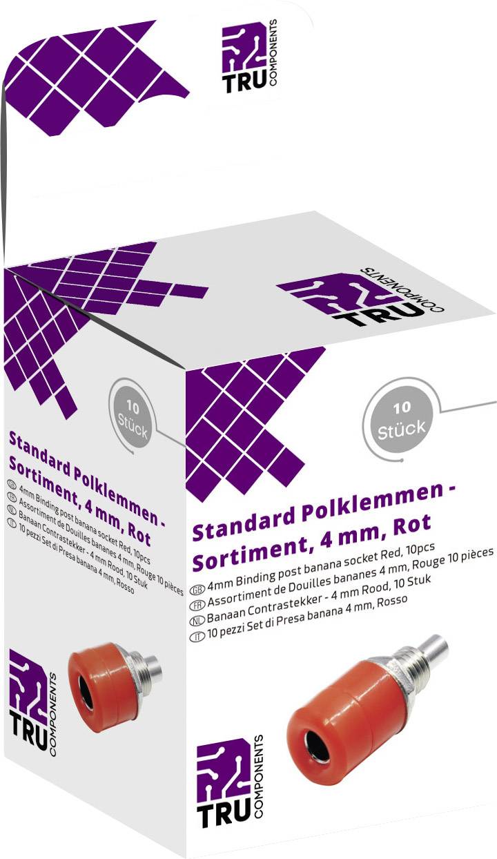 Packaging of a red pole terminal, 4 mm, in a pack of ten from TRU Components.