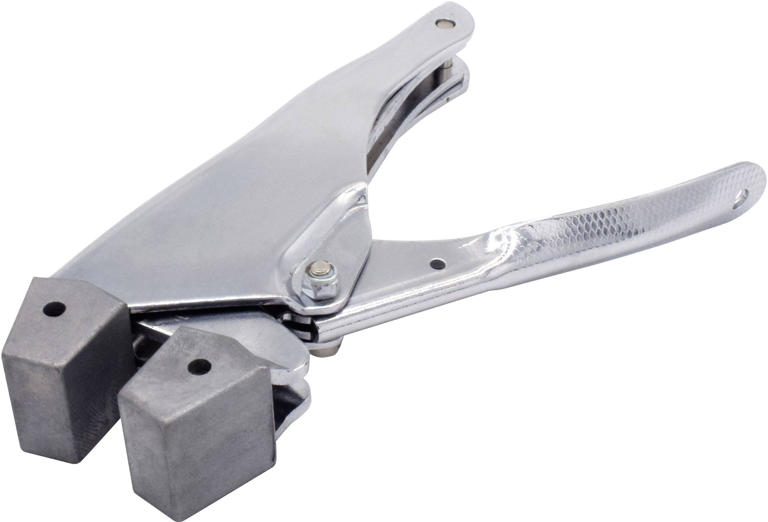 A metal pliers with two square gripping jaws, lying on a white surface. It is used for working on metal cladding.
