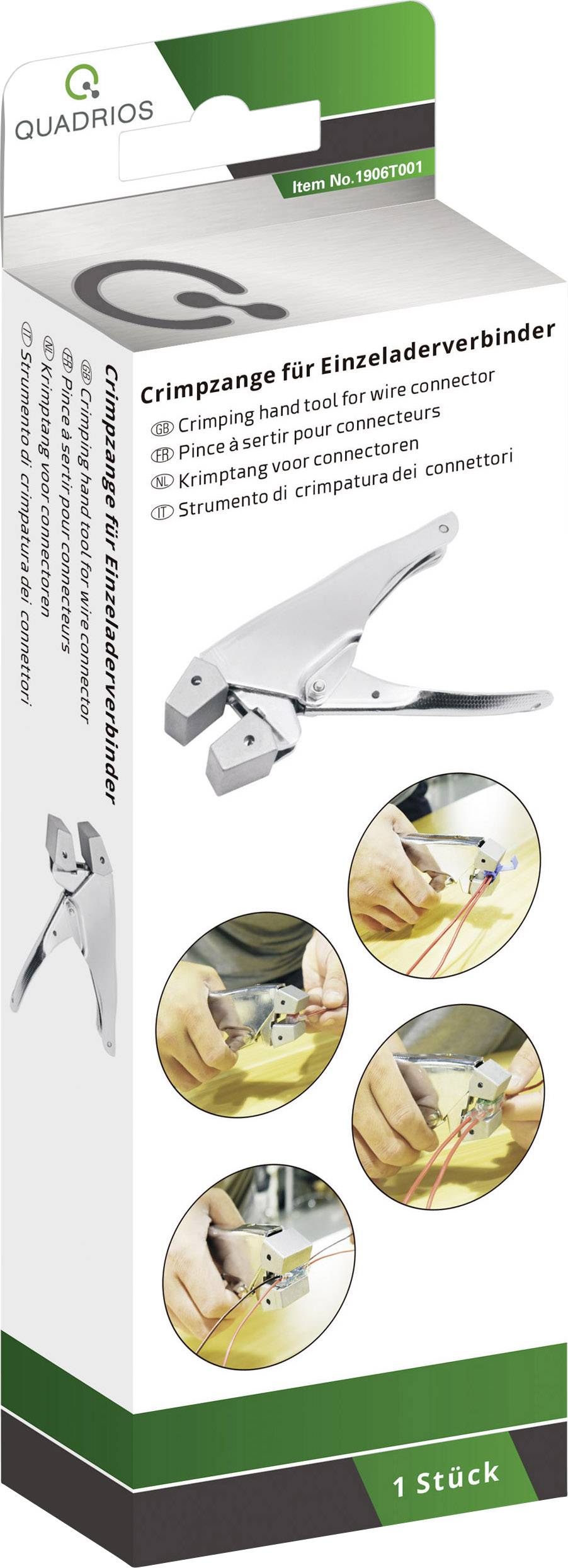 Packaging for a crimping pliers for single-core connector terminals by the Quadrios brand. Includes illustrations of the pliers in use.