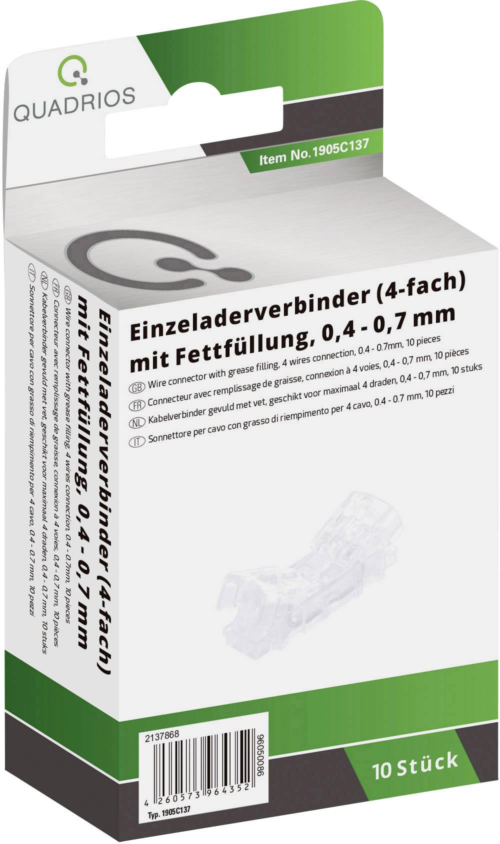 'Quadrios Single-Core Connector (4-way) with Grease Filling, 0.4–0.7 mm, Pack of 10' Packaging with Product Description and Logo.