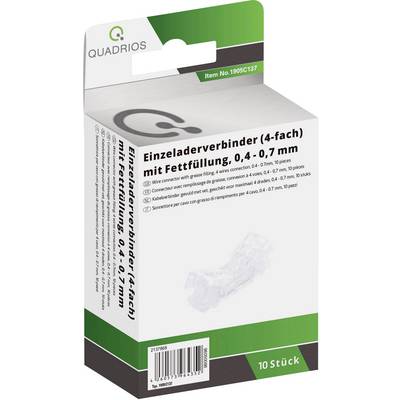 'Quadrios Single-Core Connector (4-way) with Grease Filling, 0.4–0.7 mm, Pack of 10' Packaging with Product Description and Logo.