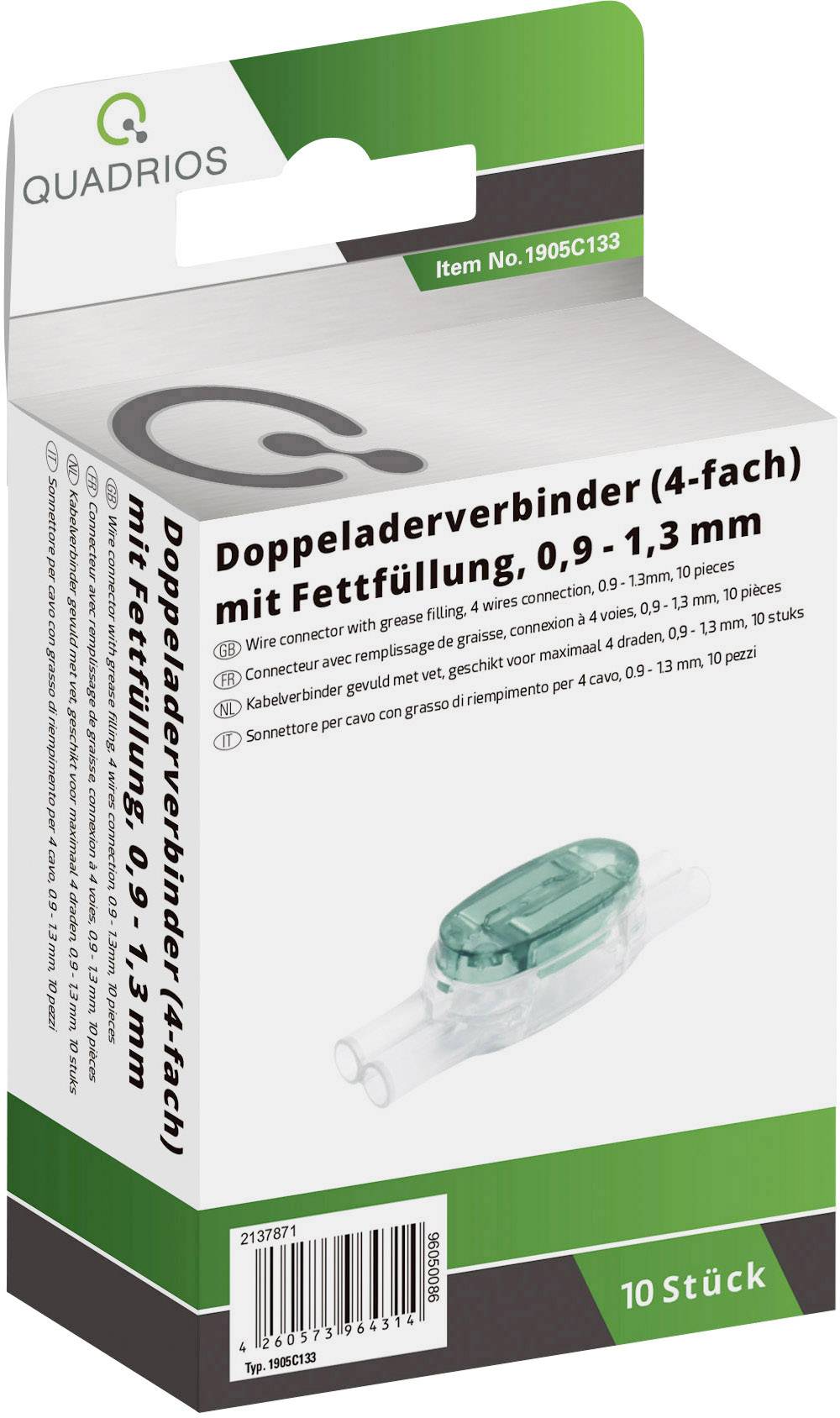 Packaging of a double-core connector (4-way) by Quadrios with grease filling, suitable for cables from 0.9 to 1.3 mm, contains 10 pieces.