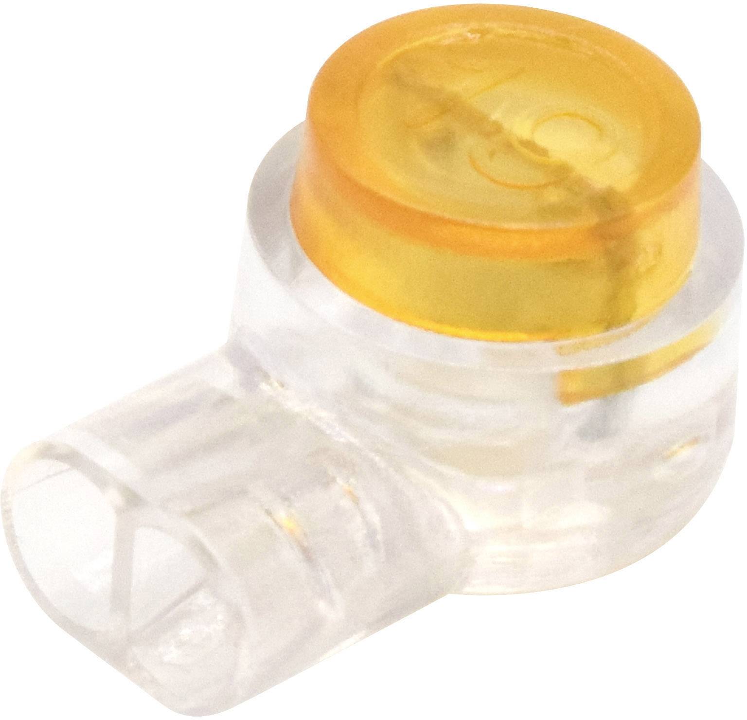 Transparent connector with an orange closure, used for electrical cable connections.