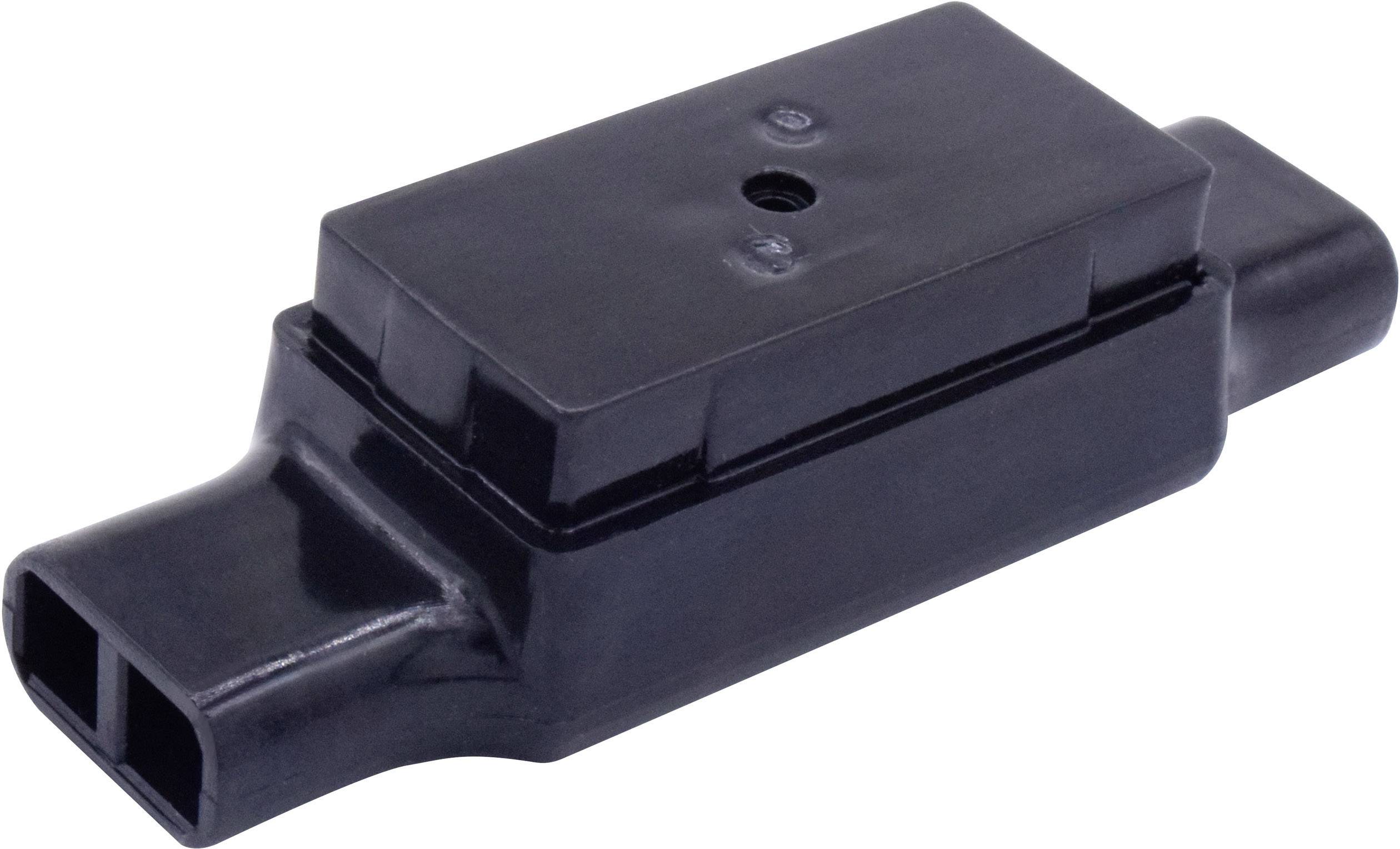 A black electronic sensor in a plastic housing with a rectangular connector and mounting points centrally located within the housing.