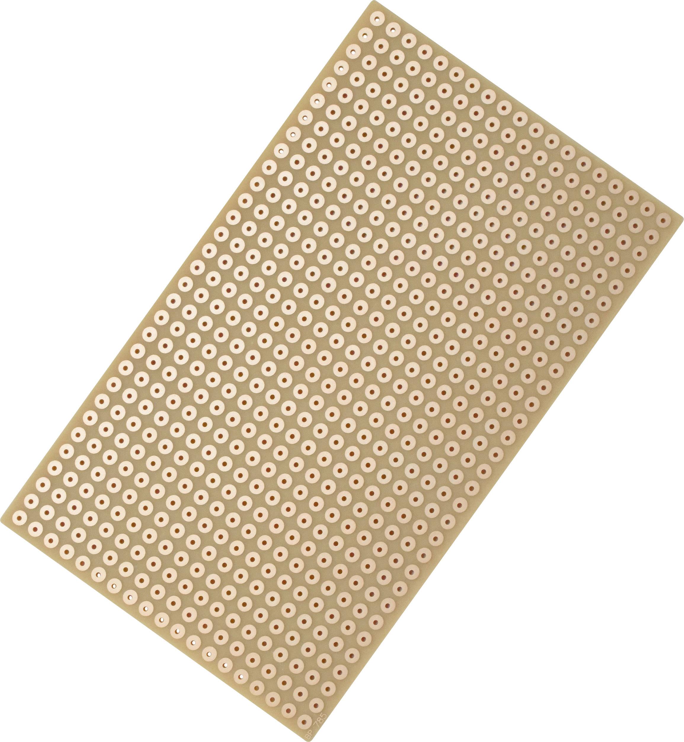 A rectangular perforated circuit board with many uniform round holes on a light brown surface.