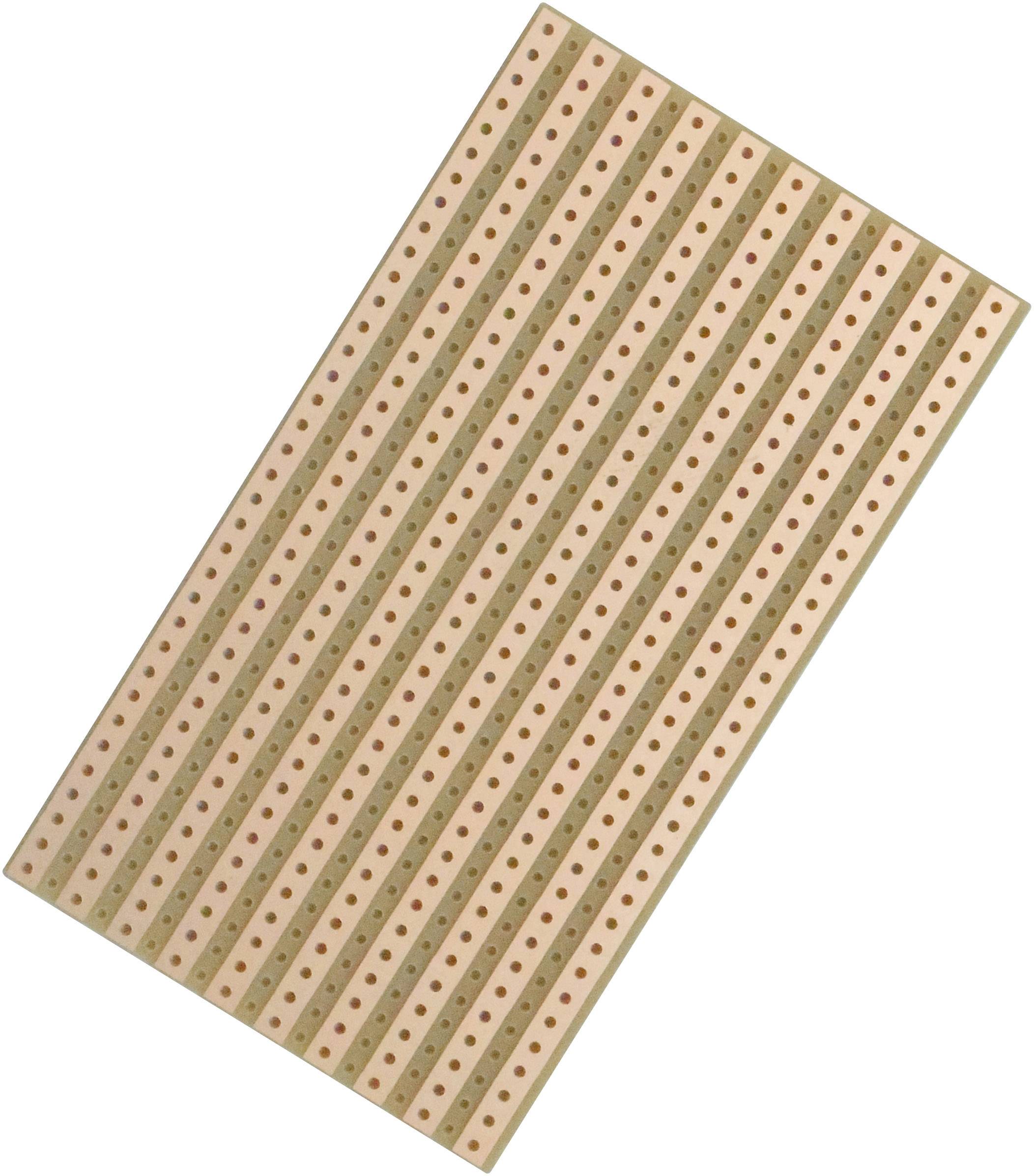 A stripboard with parallel copper tracks and evenly distributed holes, used for electronic prototyping.