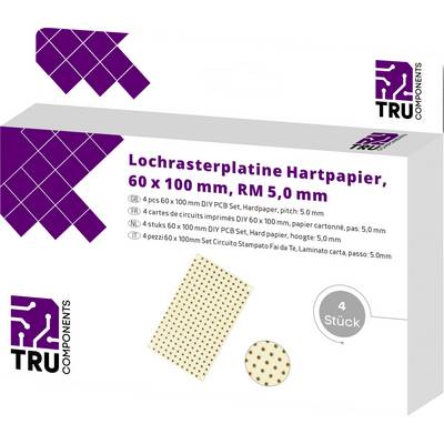 'Printed Circuit Board Phenolic Paper, 60 x 100 mm, Grid 5.0 mm', 4-pack by TRU Components. Image shows packaging design with product illustration and details.