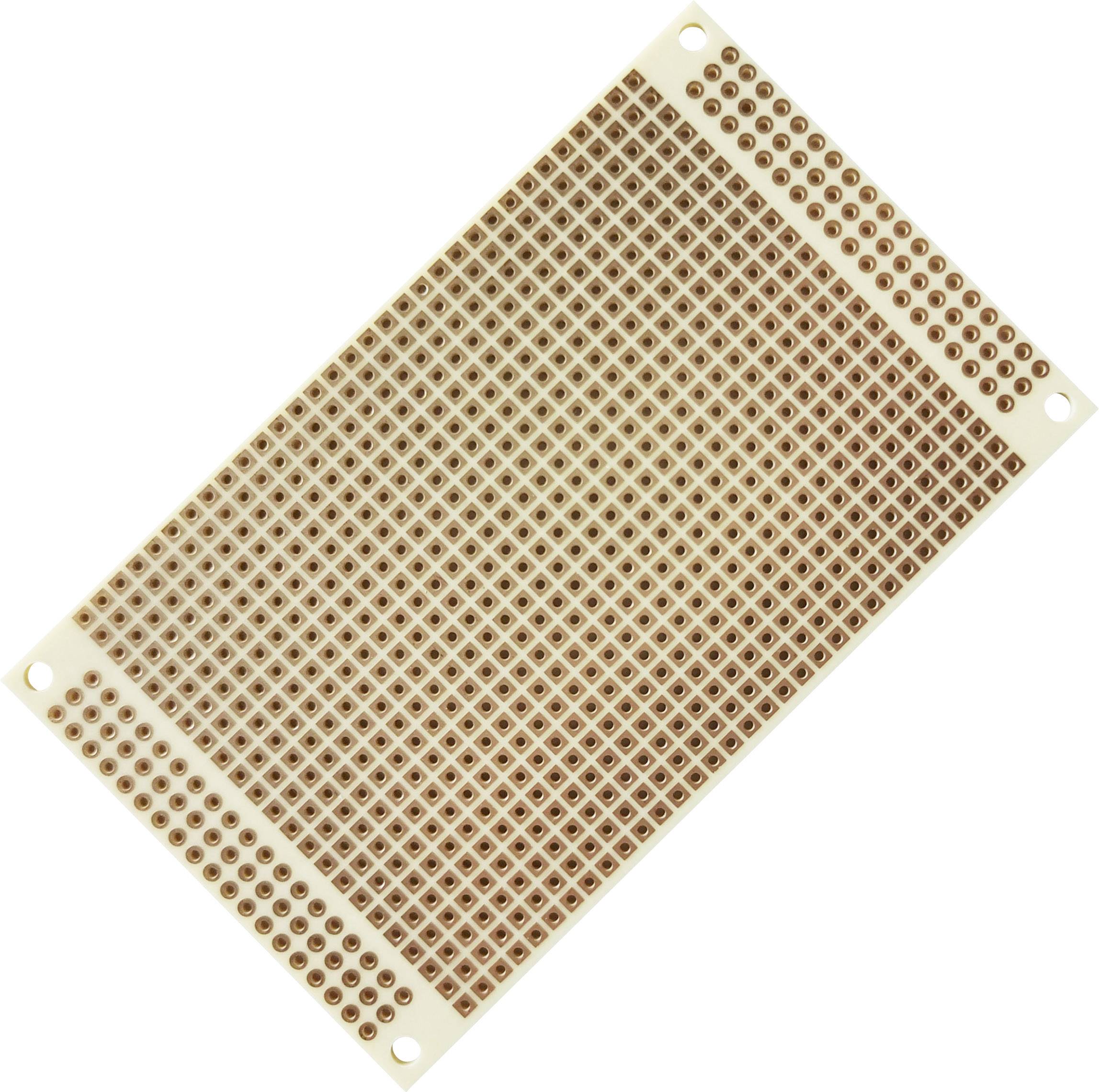 Perforated circuit board with numerous holes for electronic circuits, commonly used for prototyping. Beige in colour, rectangular in shape.