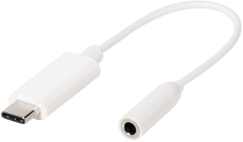 A white adapter cable with a USB-C plug on one side and a 3.5mm headphone socket on the other side.