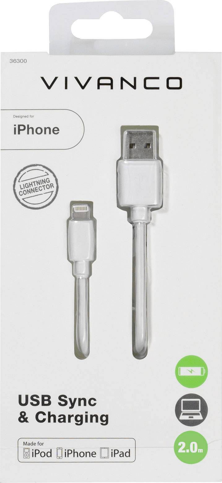 USB cable by Vivanco for iPhone with Lightning connector, suitable for synchronising and charging, compatible with iPod, iPhone, iPad.