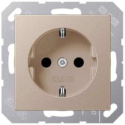 A beige socket viewed from the front, Schuko type, with two holes and an earthing pin in the centre.