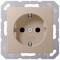 A beige socket viewed from the front, Schuko type, with two holes and an earthing pin in the centre.