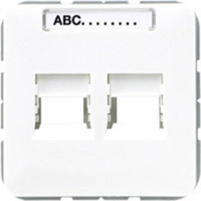 White, square socket cover with two empty ports and a labelling field above with the inscription 'ABC'.