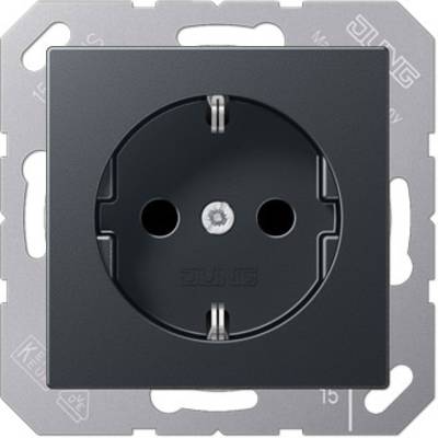 A black, square socket with two holes and earthing, mounted on a metal bracket.