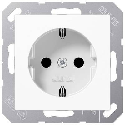 'White socket with two holes and safety mechanism. Surrounded by a rectangular metal frame. Brand name visible at the top.'