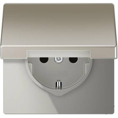 Silver-coloured earthed socket with a hinged cover, closed. Suitable for indoor electrical power supply.