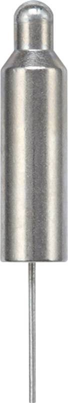 Cylindrical metal weight with a thin needle at its base, potentially a component of an experiment or device.