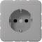 Grey, square socket with two round openings and a central screw, embedded in a wall plate.