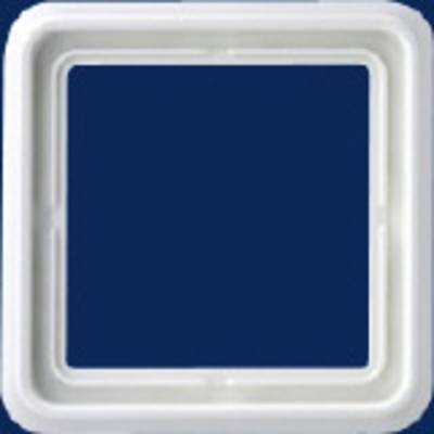 A square, white plastic lid against a dark background.