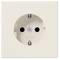 White, square wall socket with two round holes and earth pin, suitable for European plugs.
