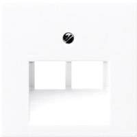 Double white plastic cover frames for sockets or switches, with central screw mounting at the top.