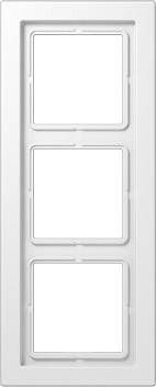 Triple-gang frame, empty, made of white plastic for light switches or sockets, rectangular, vertically oriented.