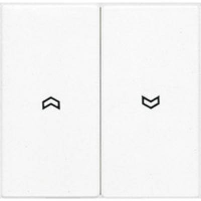 Two adjacent white toggle switches, with the left switch pointing upward and the right switch pointing downward with an arrow.