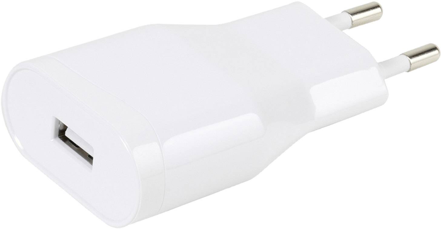 White USB charger with two round pins, commonly used for charging smartphones and other devices.