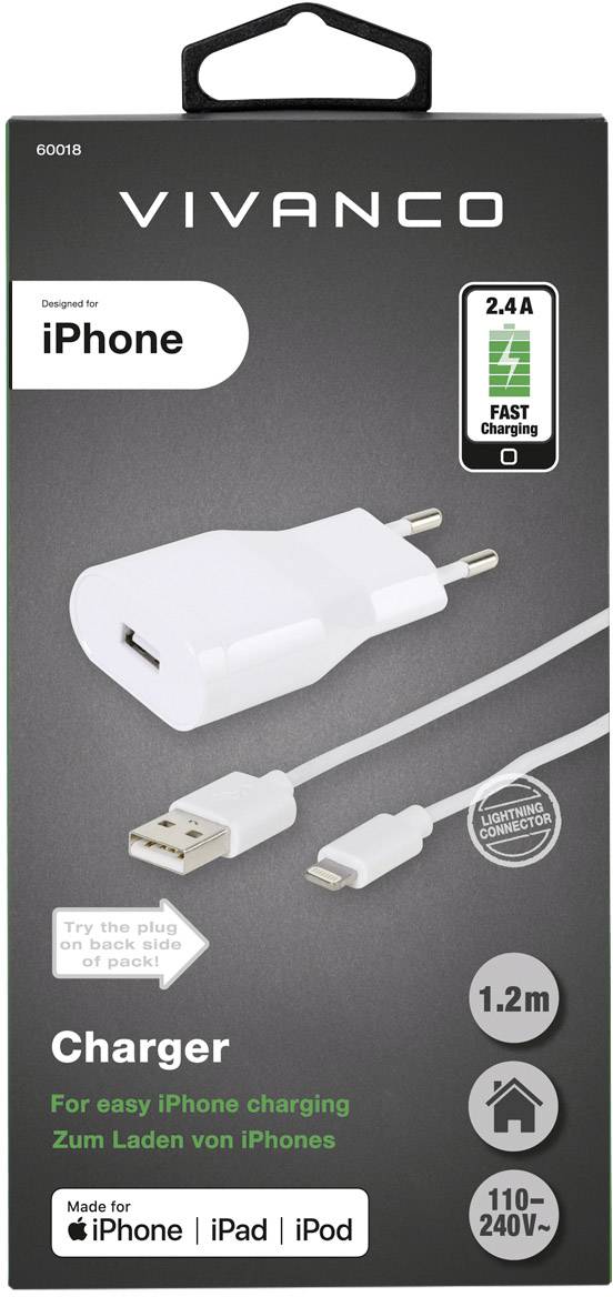 'Vivanco Charger for iPhone, 1.2 m cable, USB-A and Lightning connector, 2.4 A fast charging function, suitable for 110-240 V.'