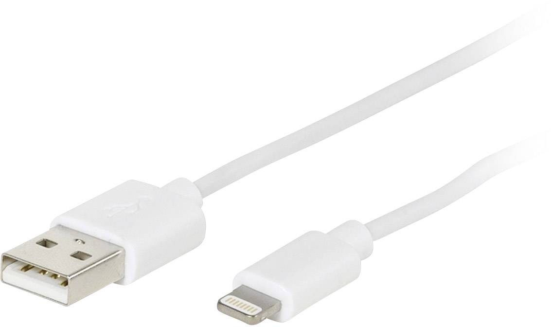 White USB to Lightning cable, suitable for charging and synchronising compatible devices such as smartphones or tablets.