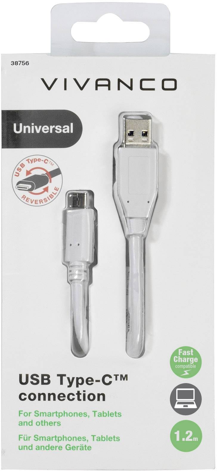 Vivanco USB cable packaging, showing USB Type-C cable and USB-A connectors, compatible with smartphones, tablets and other devices, 1.2 metres in length.
