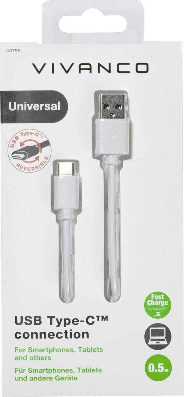 'Vivanco USB Type-C Connection Cable, Universal for Smartphones, Tablets and Other Devices, Length 0.5m, Supports Fast Charging.'