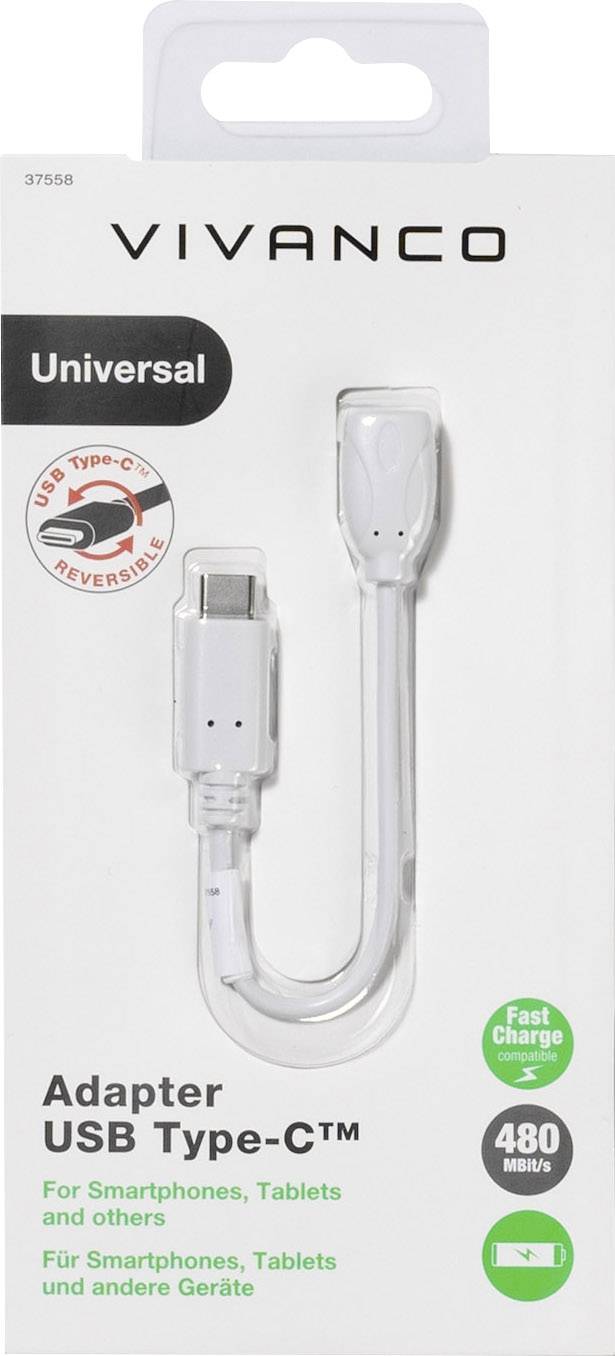 Universal adapter packaging with 'Universal' label, 'USB Type-C', 'Fast Charging 480 Mbps', suitable for smartphones, tablets.