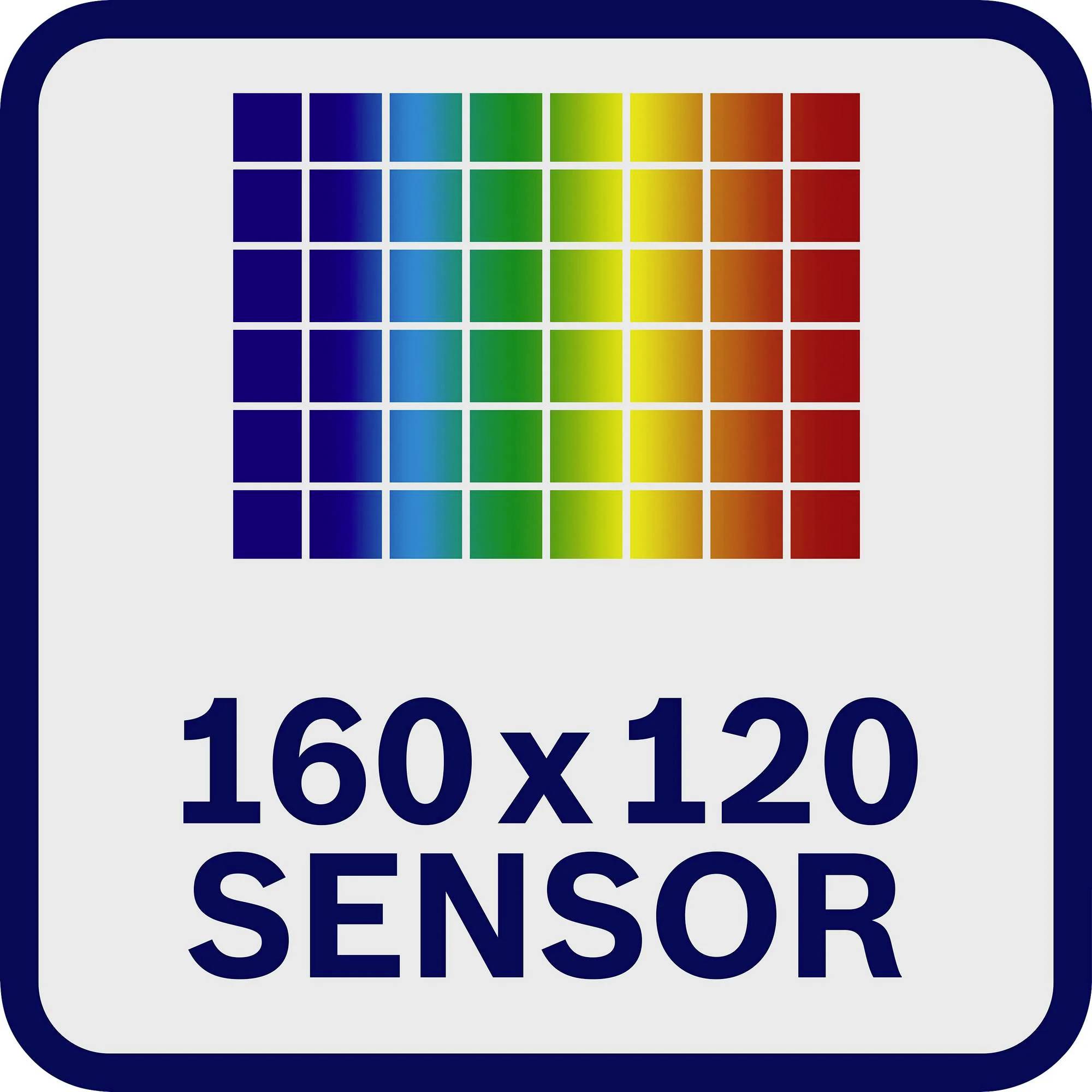 '160 x 120 Sensor' sign with a grid of coloured squares displaying rainbow colours from blue to red.