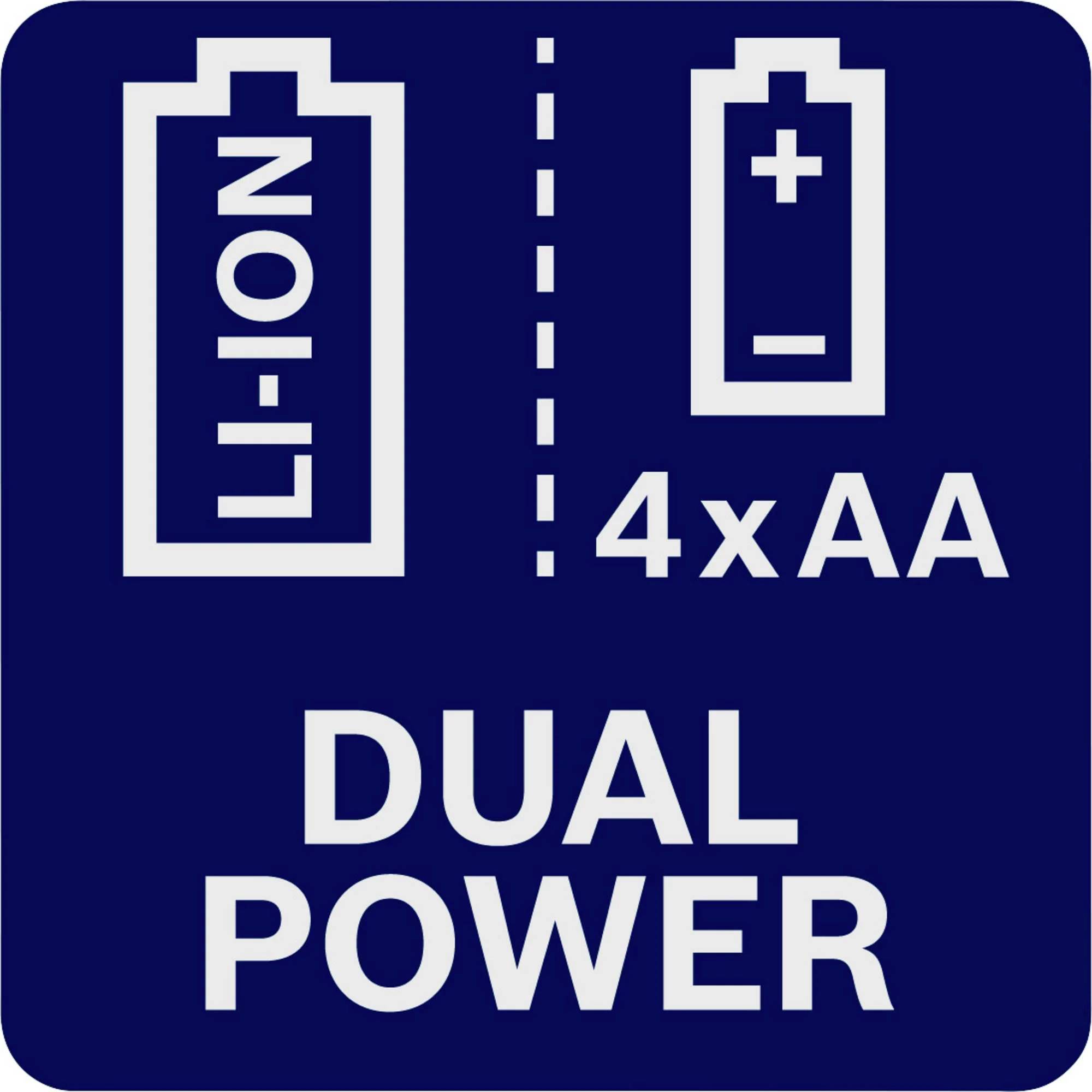 Dual-Power Symbol shows two batteries: a Li-Ion and four AA, representing parallel energy sources.