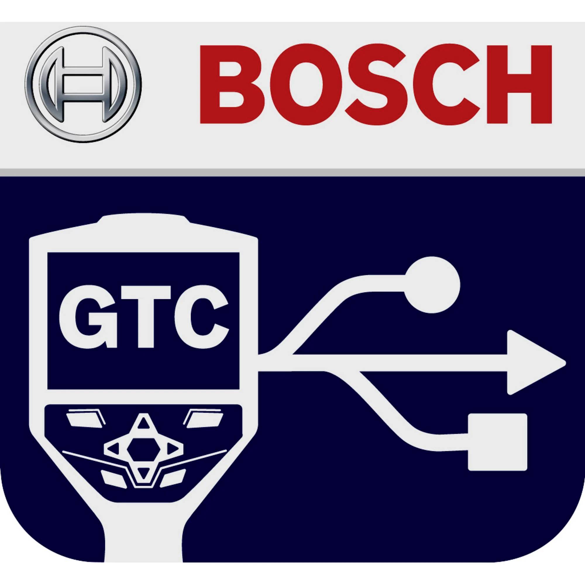 'Bosch' logo featuring a stylised screen displaying the letters 'GTC' and two arrows pointing in different directions.