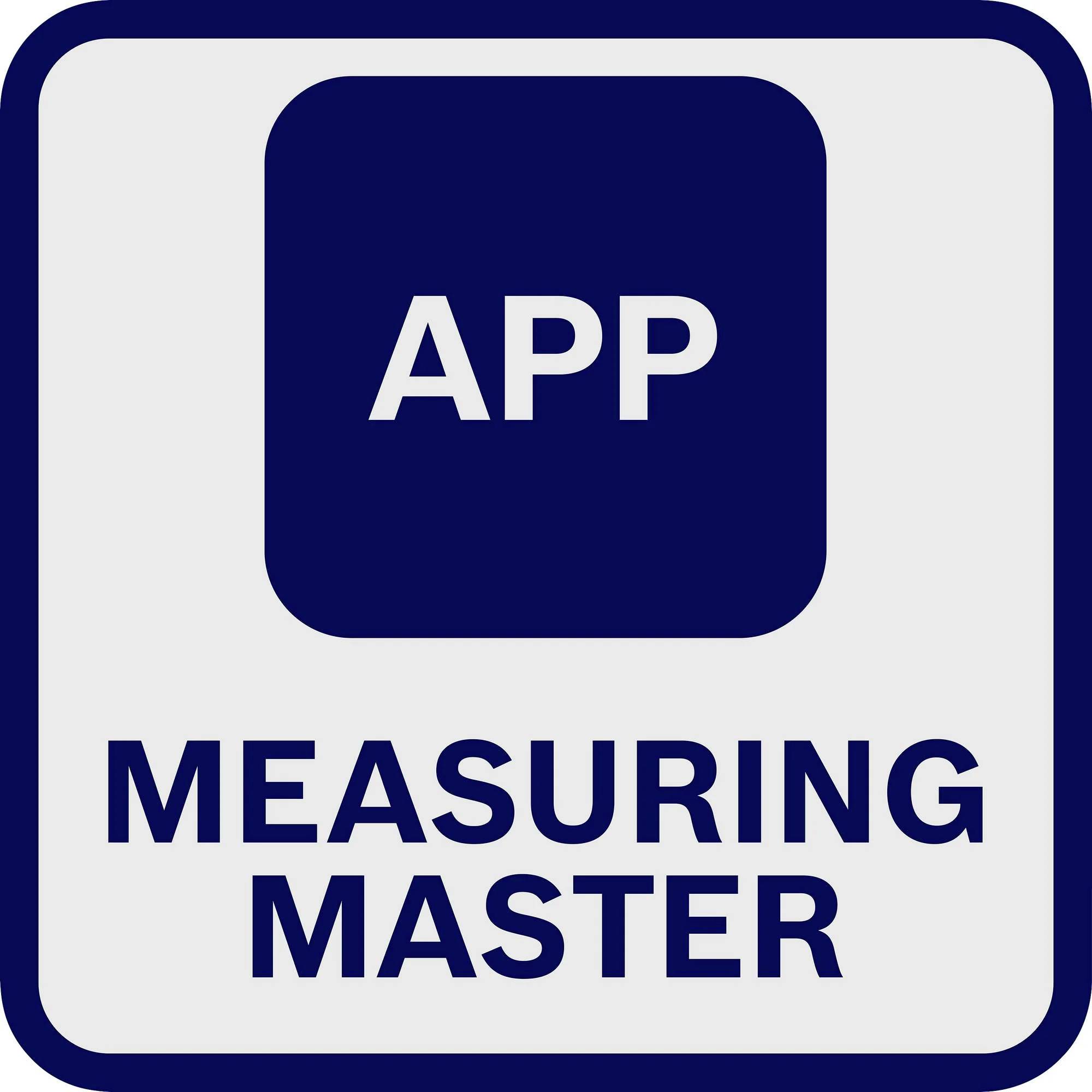 Blue and white symbol with the text 'APP' and 'MEASURING MASTER'.