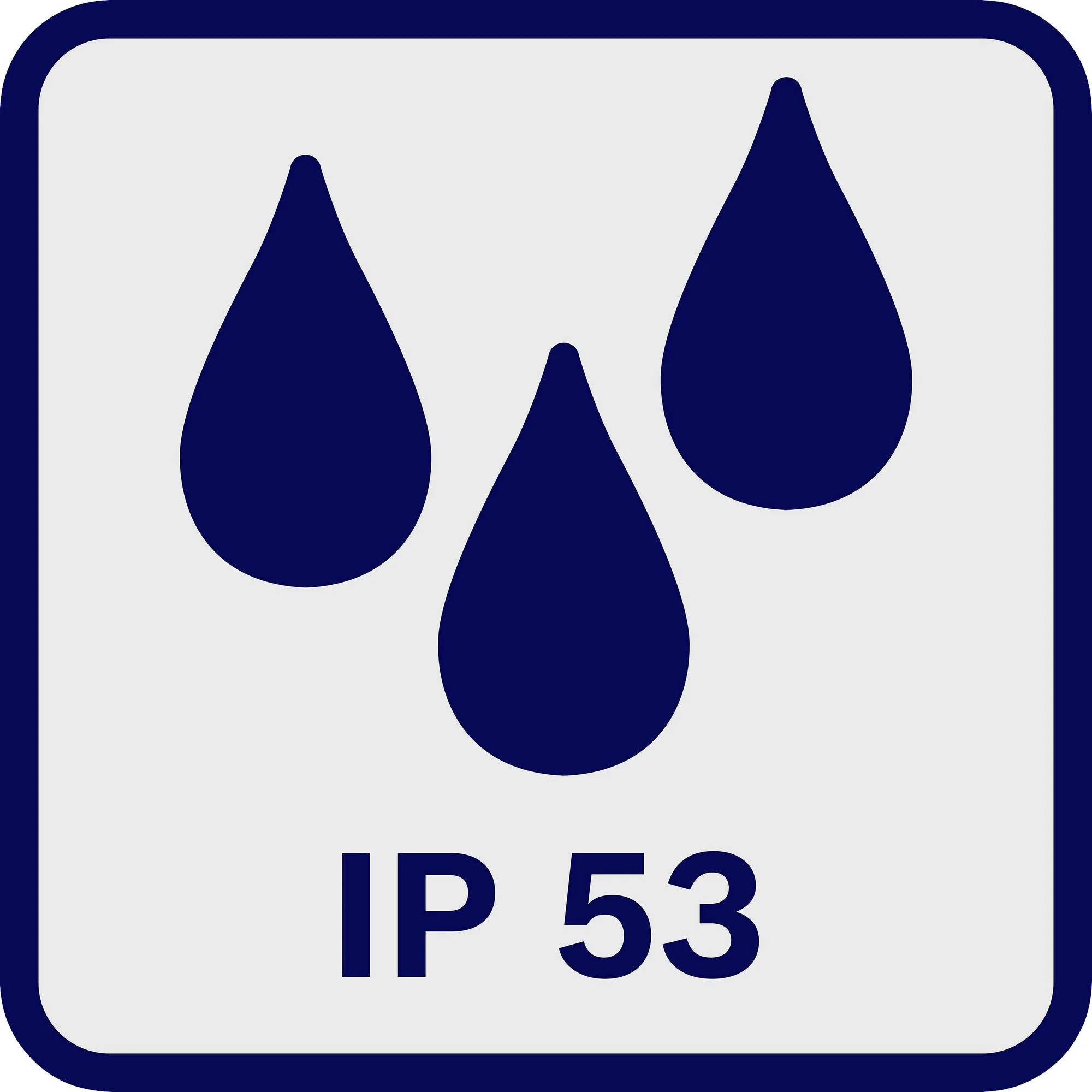 The symbol shows three water droplets above 'IP 53', indicating protection against dust and water spray.