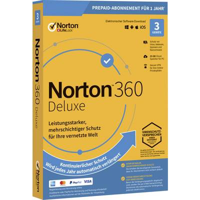 Norton 360 Deluxe safety software box, providing performance protection for 3 devices for one year, including threat prevention tools.